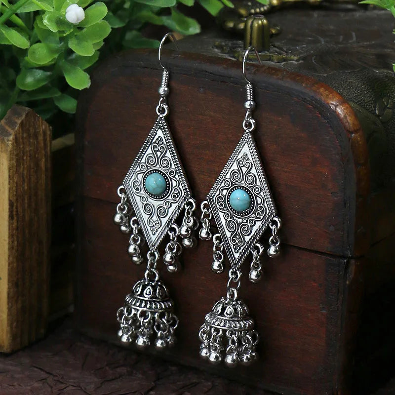 011 - Bohemian Vintage Tibetan Silver & Turquoise Geometric Drop Earrings