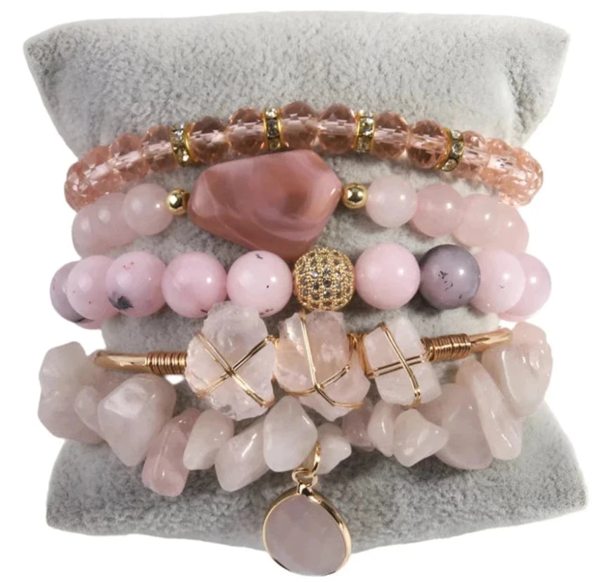 011 - Natural Stone Crystal Stackable Bracelet Set w/ Bangle