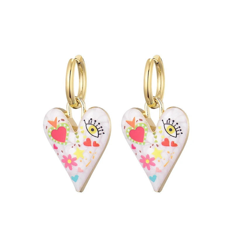 011 - Heart & Eye Stainless Steel Drop Charm Earrings
