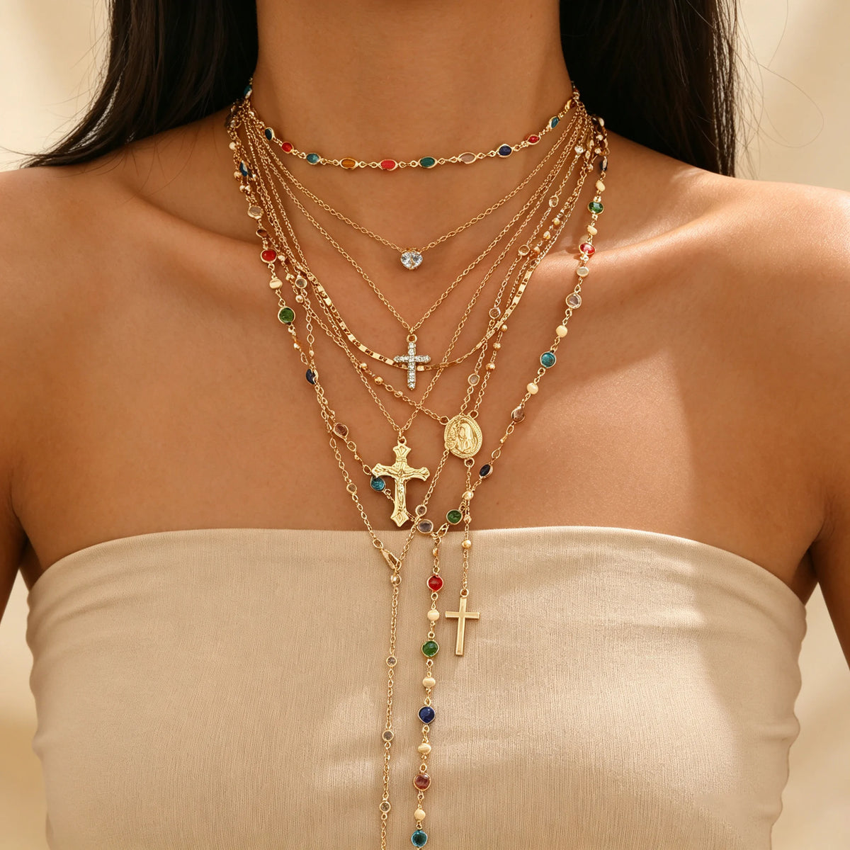 011 - Boho Multi-Layer Cross & Madonna Pendant Necklace Set