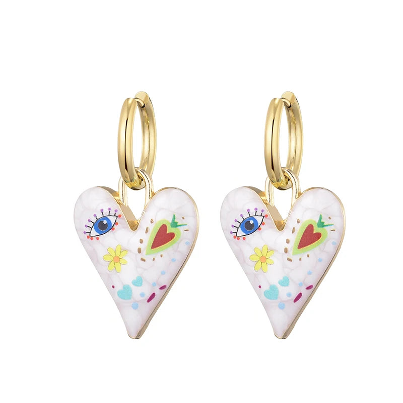 011 - Heart & Eye Stainless Steel Drop Charm Earrings