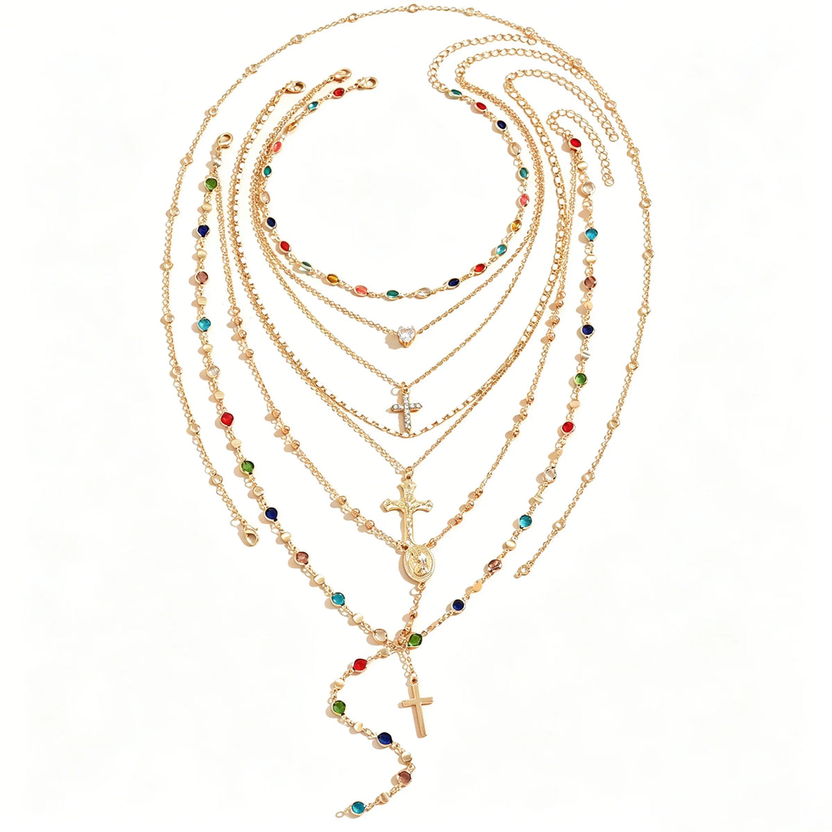 011 - Boho Multi-Layer Cross & Madonna Pendant Necklace Set