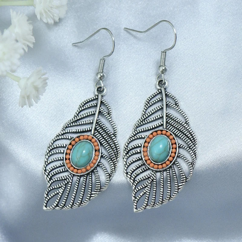 011 - Bohemian Vintage Tibetan Silver & Turquoise Geometric Drop Earrings