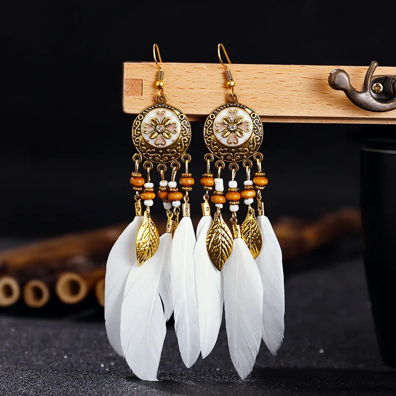 011 - Bohemian Vintage Leaf Feather Earrings