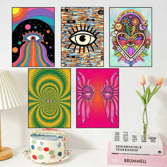 Retro Abstract Canvas Print Wall Art set of 5 framed prints in bright colors