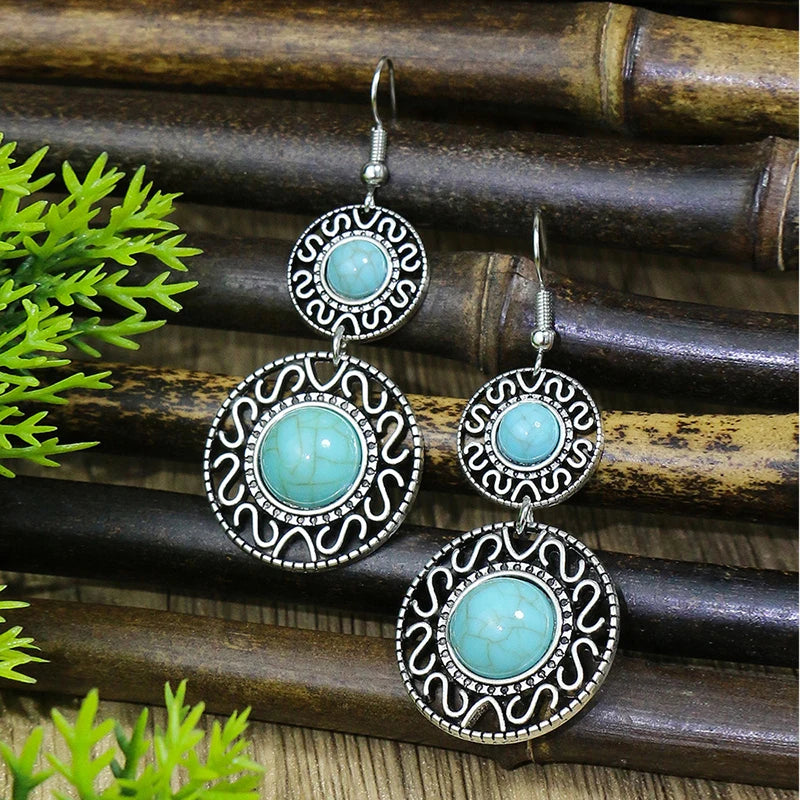 011 - Bohemian Vintage Tibetan Silver & Turquoise Geometric Drop Earrings