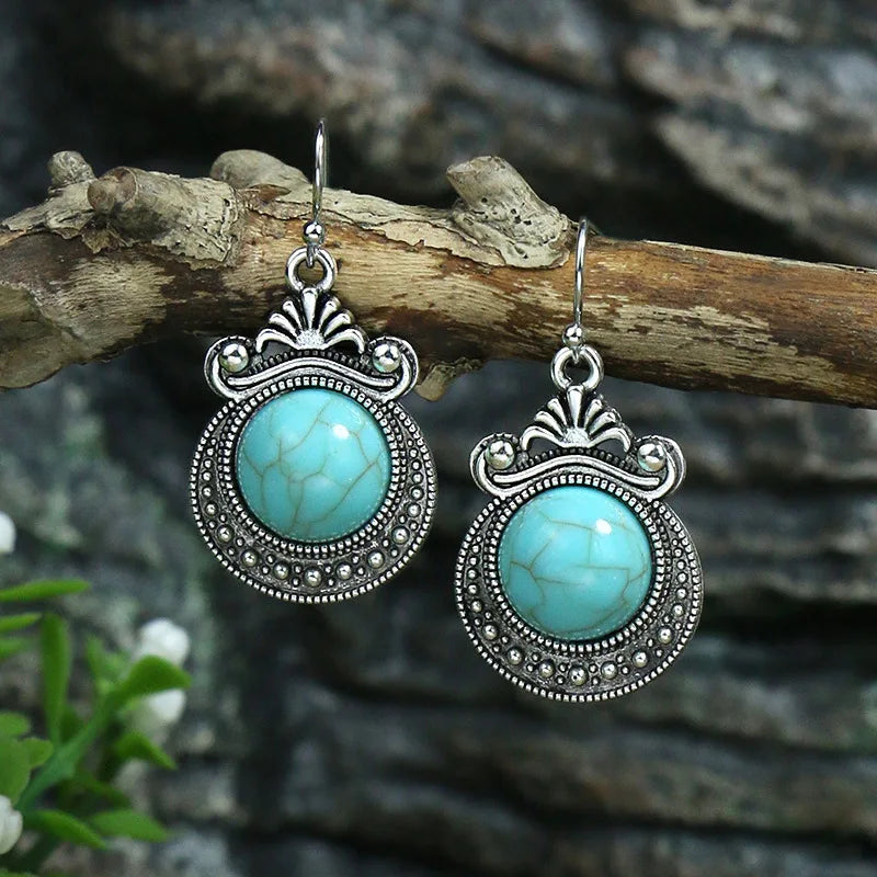 011 - Bohemian Vintage Tibetan Silver & Turquoise Geometric Drop Earrings