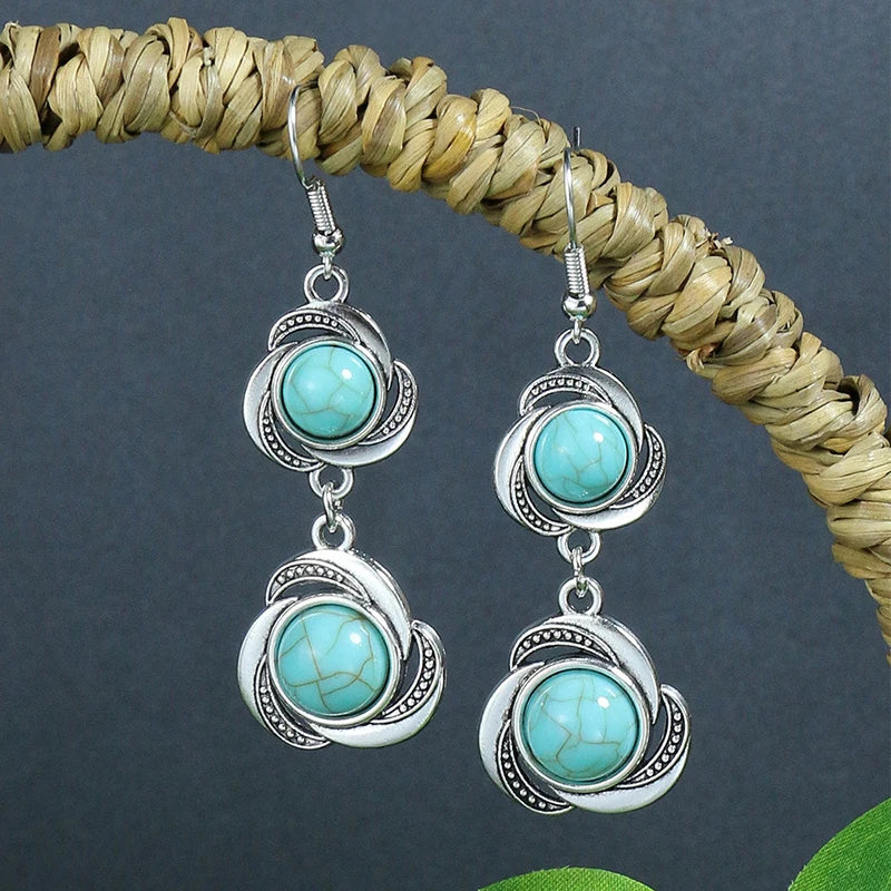 011 - Bohemian Vintage Tibetan Silver & Turquoise Geometric Drop Earrings