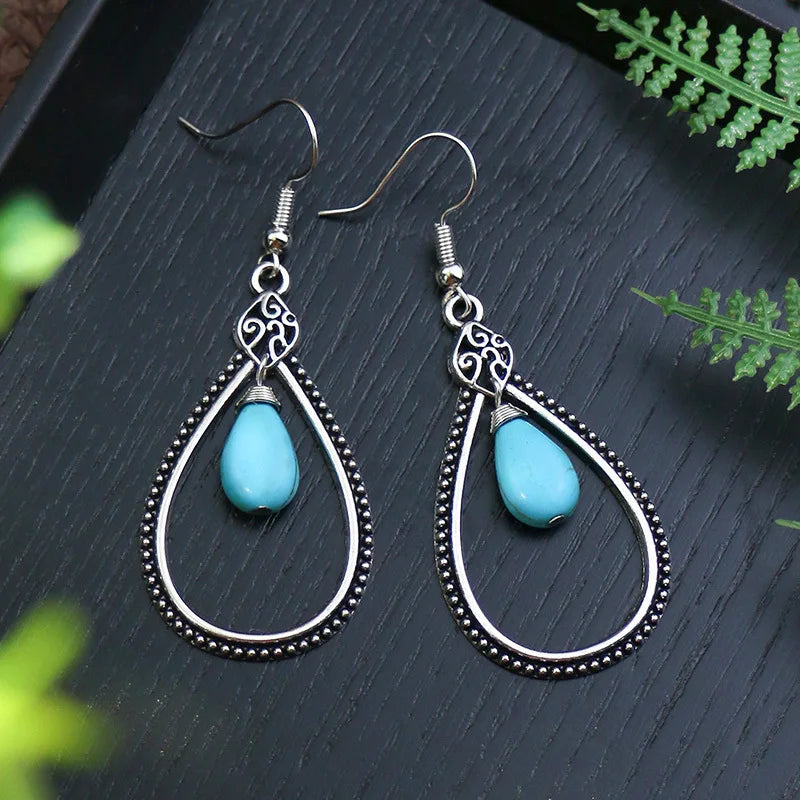 011 - Bohemian Vintage Tibetan Silver & Turquoise Geometric Drop Earrings
