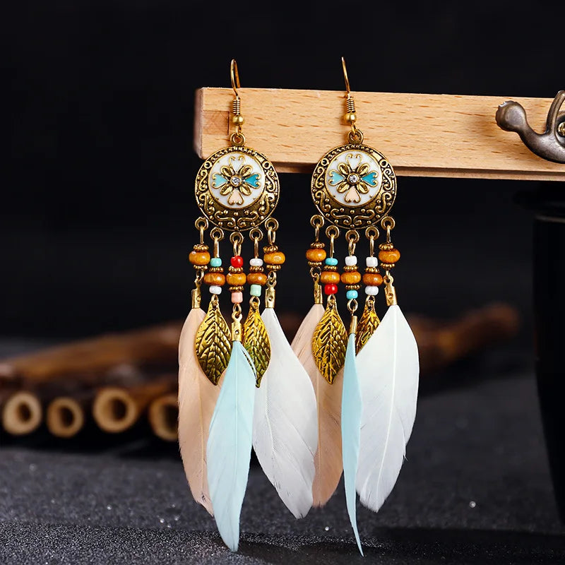 011 - Bohemian Vintage Leaf Feather Earrings