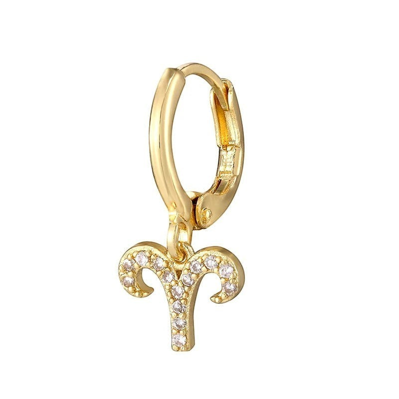 DIVINE TIMES by Shopp Java gold-plated Aries zodiac drop earring with cubic zirconia studs on a hinged hoop