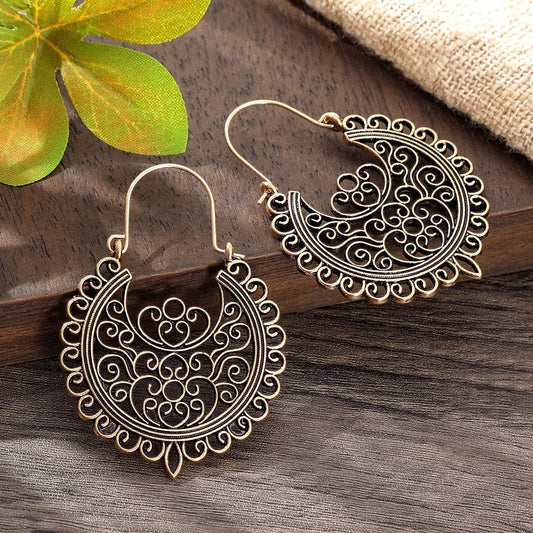 DIVINE TIMES by Shopp Java vintage bohemian drop earrings featuring intricate gold-tone metal mandala filigree patterns