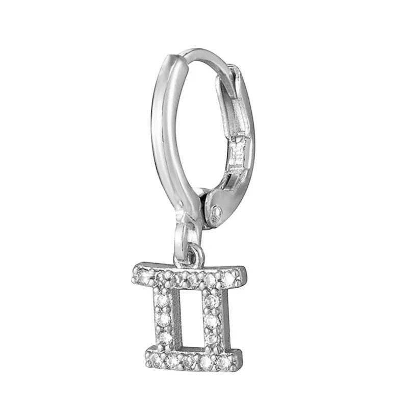 DIVINE TIMES by Shopp Java silver plated Gemini zodiac drop earring with cubic zirconia studs on a hoop