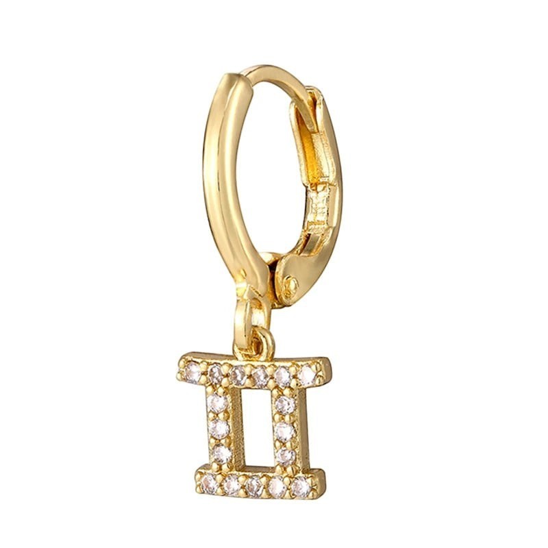 DIVINE TIMES by Shopp Java gold-plated zodiac drop earring featuring a cubic zirconia studded Gemini symbol charm