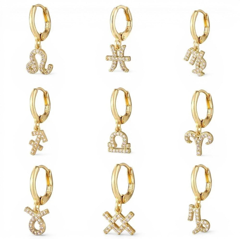 DIVINE TIMES by Shopp Java gold-plated zodiac drop earrings featuring cubic zirconia studs on hoop backings.