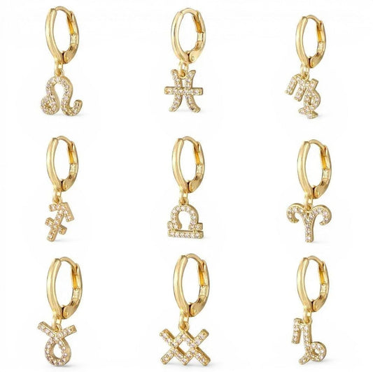 DIVINE TIMES by Shopp Java gold-plated zodiac drop earrings featuring cubic zirconia studs on hoop backings.