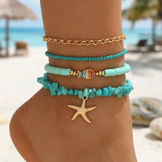 DIVINE TIMES four-piece turquoise chip stone and clay bead anklet set with starfish and fish charms on a beach background